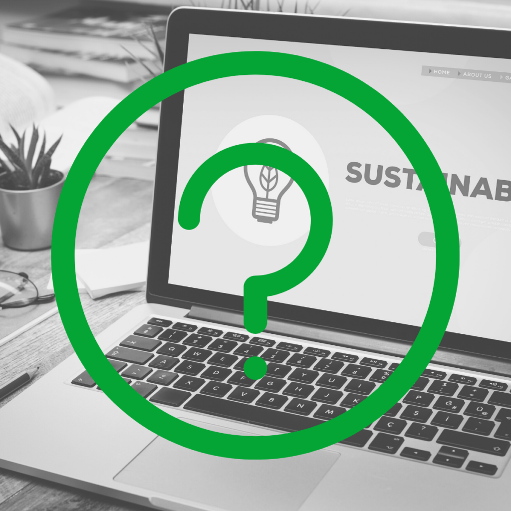 Was ist Sustainability Analytics: Laptop der den Schriftzug Sustainability Analytics mit einem Fragezeichen auf dem Bildschirm zeigt